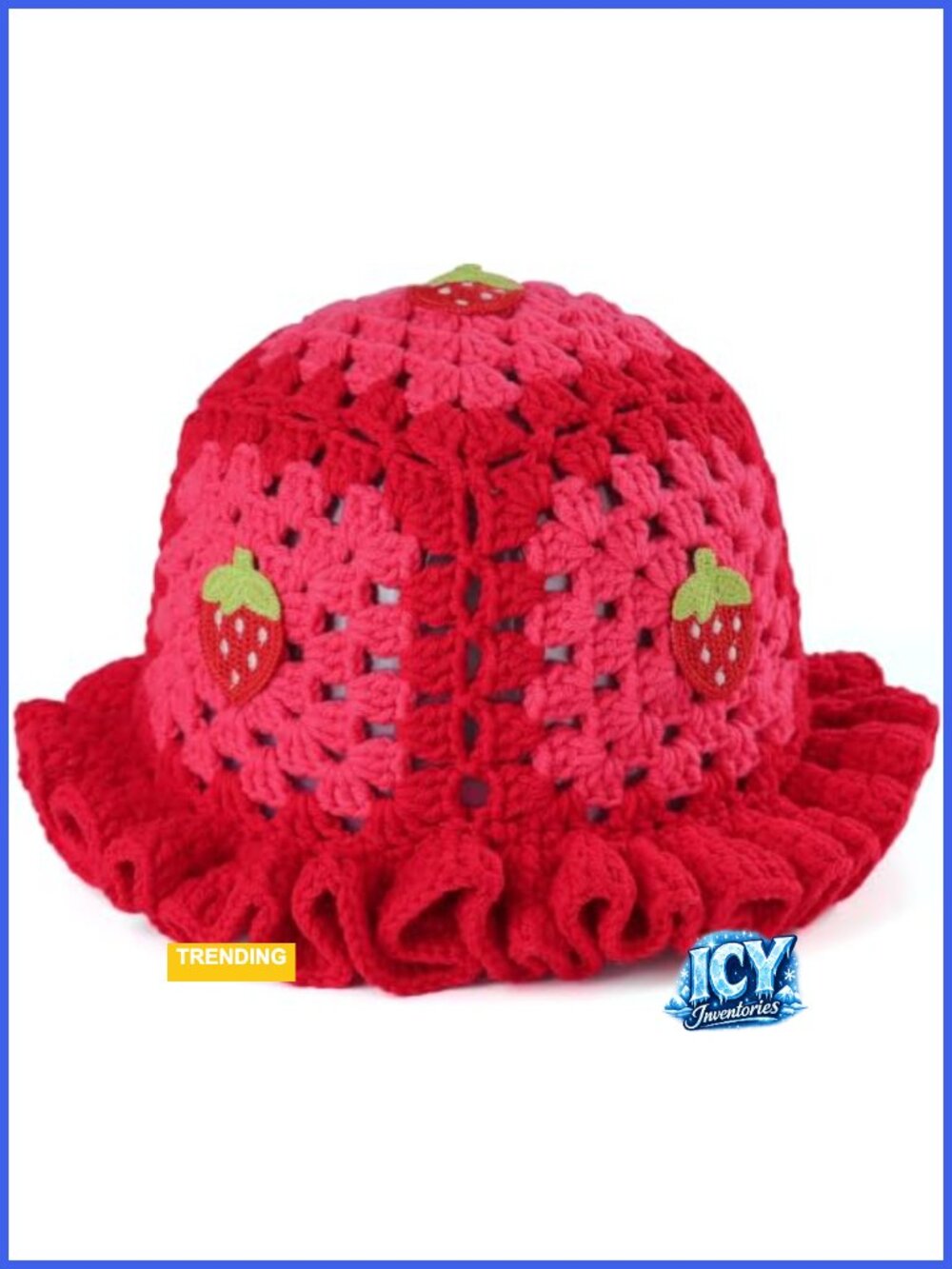 Hand Crochet Strawberry Bucket Hat Ruffle Brim Knit Cap Cosplay